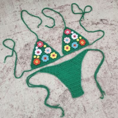 Hand Crochet Bikini Set Pack Floral Applique Halter Cover Up Top Lace