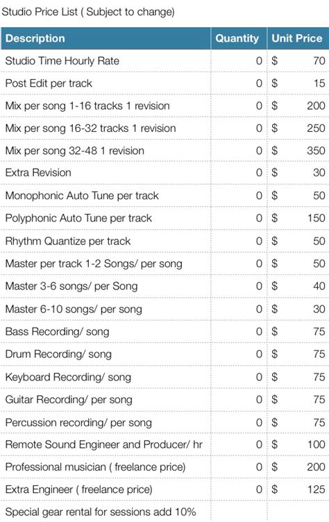 Recording Studio Price List Template