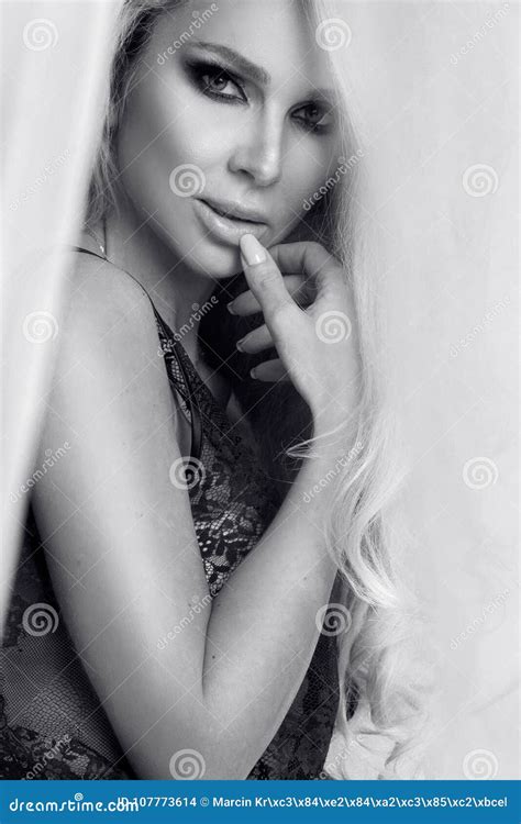 Beautiful Sexy Blonde Woman Model In Sensual Erotic Black Lingerie Stock Photo Image Of