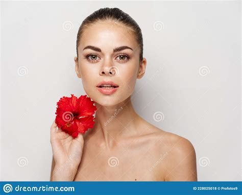 Pretty Woman With Makeup On Face Naked Shoulders Red Flower Stock Photo Image Of Rose Health