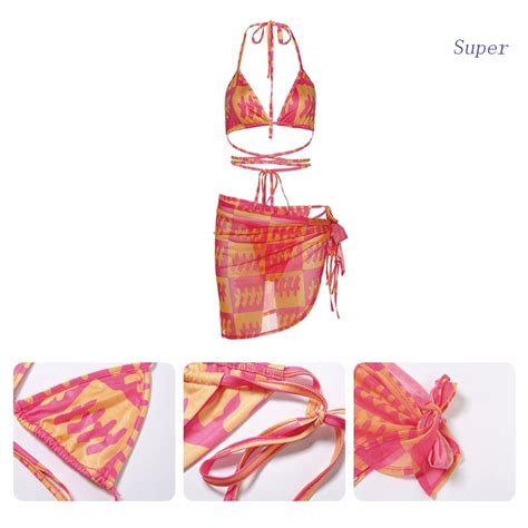 Super Womens Sexy 3 Piece Contrast Color Plaid Print Bikini Set Halter