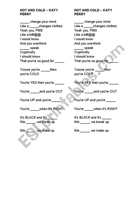 Hot And Cold Song Worksheet ESL Worksheet By Narayanamts
