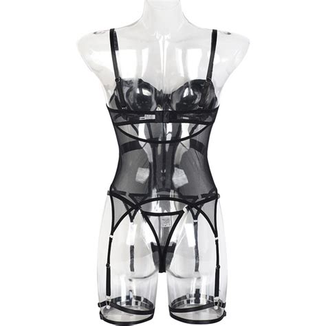Push Up Lingerie Tummy Control Corset Bustier Garter Set With Thong Leg Strap EBay