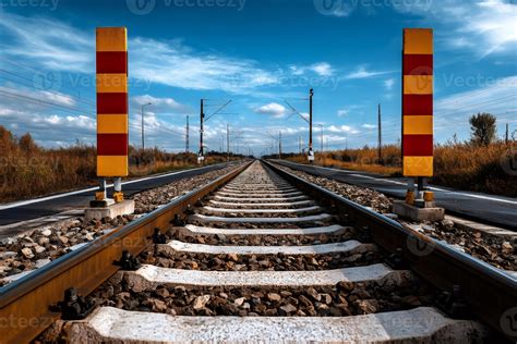 Railroad tracks converging towards horizon under blue sky 61900375