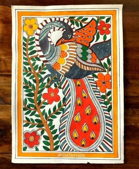 handmade peacock   traditional madhubani painting indian folk art