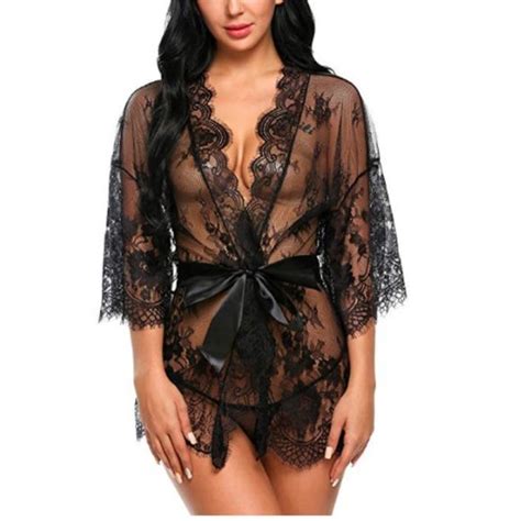 Lingeriebyritchie Intimates Sleepwear Lace Kimono Robe Babydoll Lingerie Mesh Nightgown