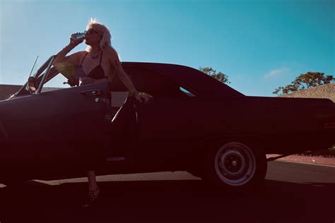 Nude Woman Model In Classic Vintage Dodge Muscle Car Spitting Beer S Retro Mullet Hair Metal