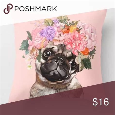 NWT Pug Flower Crown Pink Pillow Cover 17 X 17 Tapestry Pink