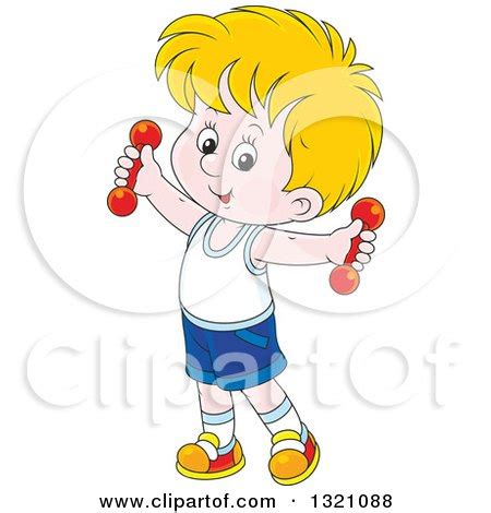 Clipart of a Cartoon White Boy Working out with Dumbbells - Royalty ...