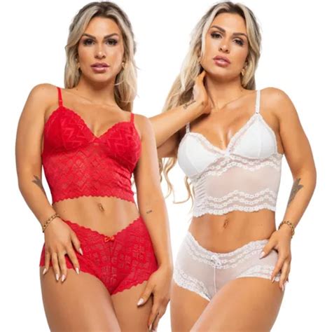 Kit Conjunto Renda Espera Marido Lingerie Caleçon Sexy Parcelamento sem juros