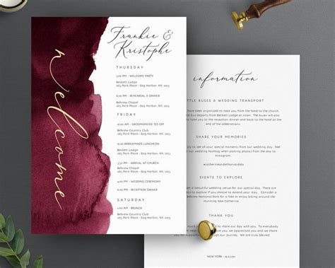 Printable Wedding Timeline Program Burgundy Wedding Program Template