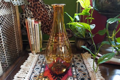 Vintage Bohemian Amber And Gold Glass Vase Ornate Gold Accents Etsy