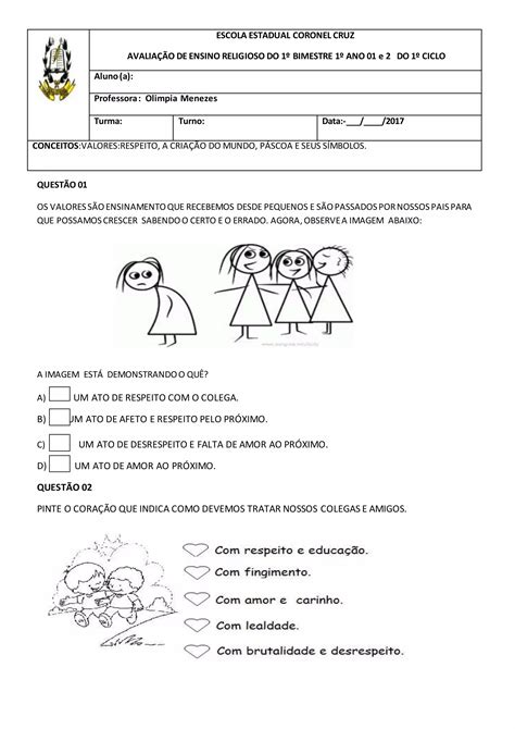 Avaliação De Ensino Religioso 1 Ano - AVALIAÇÃO DE ENSINO RELIGIOSO - 1º ANO DO ENSINO FUNDAMENTAL 1- 1º ...