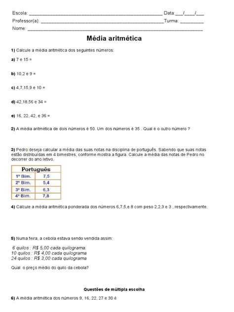 Exercícios Sobre Média Aritmética - Exercícios 6 º ano-Matemática-Média Aritmética | PDF