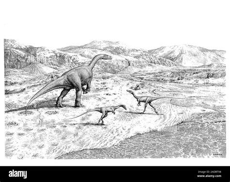 Prosauropod and theropod dinosaurs, illustration. The large prosauropod ...