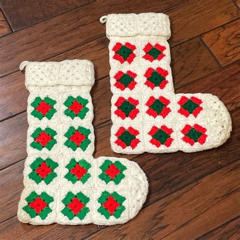 Holiday Vintage Granny Square Christmas Stockings Knit White Red