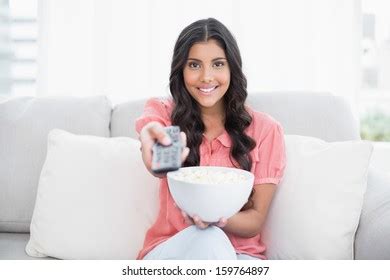 Smiling Cute Brunette Sitting On Couch Stock Photo 159764897 Shutterstock