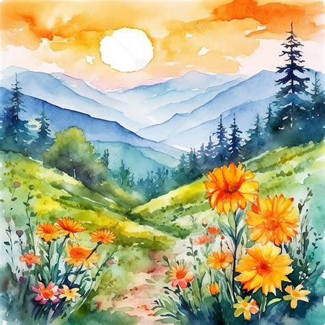 Premium AI Image | a watercolor painting of a mountain landscape with a ...