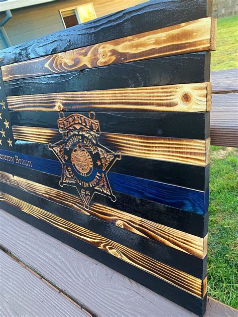 Thin Blue Line Wood Flag With Carved Badge Thin Blue Line Flag