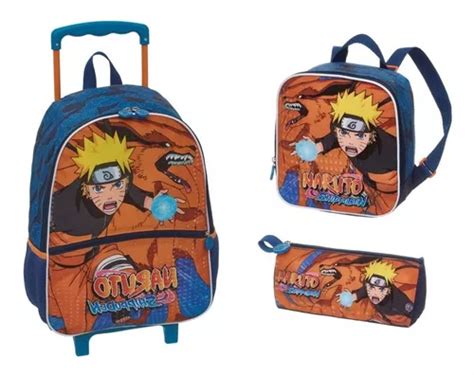 Kit Mochila Rodinha Naruto Kurama Estojo Lancheira Azul C