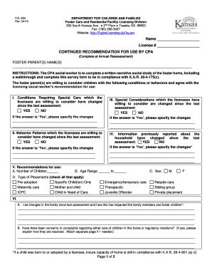 Fillable Online Dcf Ks FCL 654 CONTINUED RECOMMENDATION FOR USE BY