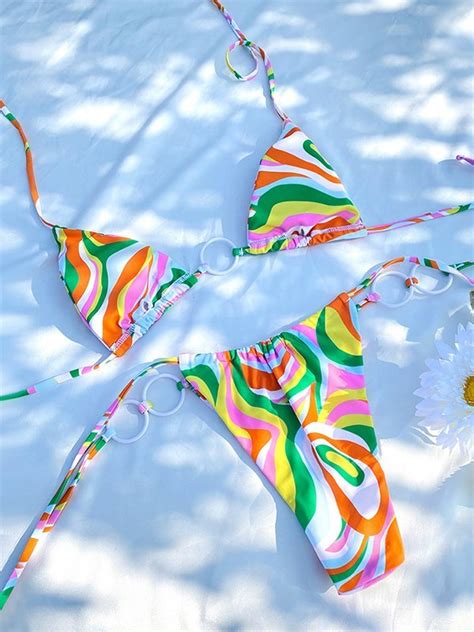 Emmiol Free Shipping 2025 O Ring Decor Wave Print Bikini Set Green S In Bikini Sets Online Store