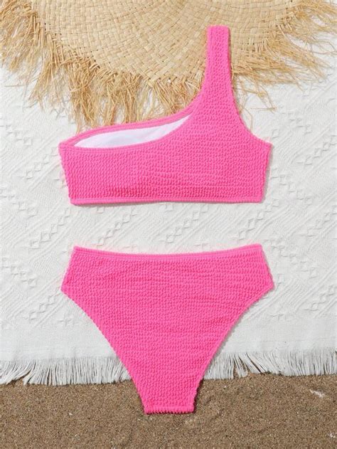 Chica preadolescente Bañador bikini liso Smocked de un hombro Moda de Mujer SHEIN México