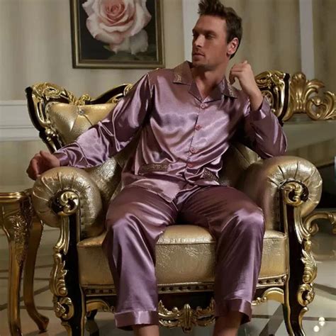 Xifenni 2019 Brand Men Pajamas Sexy Satin Silk Pajama Pants Sets Embroidery Long Sleeve Pyjama