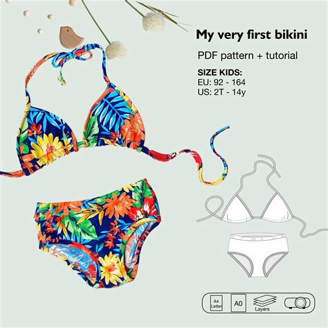 Girls Bikini Pdf Sewing Pattern Girl Swimsuit Bathing Suit 2 Pieces Swimwear Triangle Top