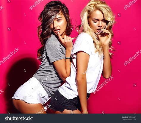 Fashion Portrait Smiling Brunette Blond Models Stock Photo Shutterstock