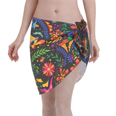 Adobk Mexican Flower Traditional Swimsuit Coverups For Women Beach Bikini Short Skirt For