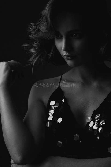 Black And White Portrait Of Sensual Brunette Woman With Naked Shoulders Stock Image Image Of