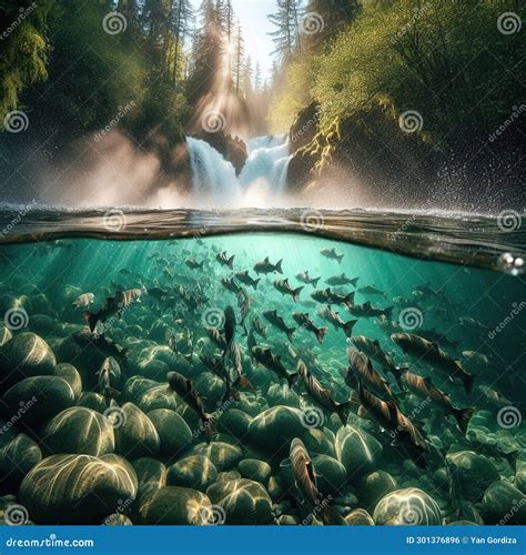 A School Of Salmon Fish Goes To Spawn Generative Ai Stock Photo