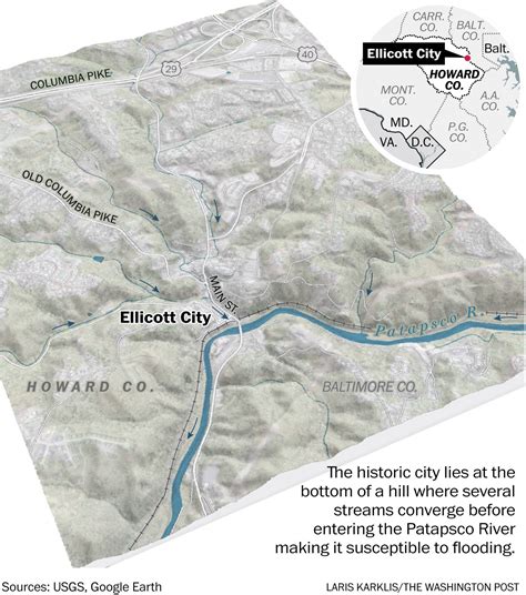 Map: Ellicott City lies at the bottom of a hill where streams converge