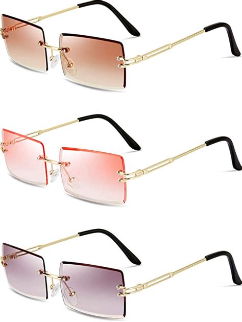 3 Pairs Rimless Rectangle Sunglasses Tinted Frameless Eyewear Vintage