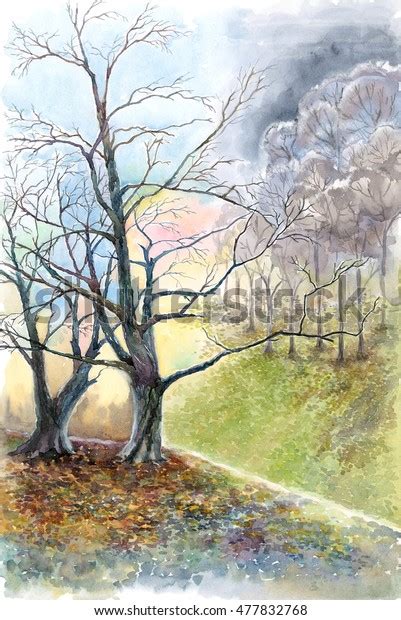 Watercolor Fall Landscape Autumn Naked Trees Stock Illustration Shutterstock