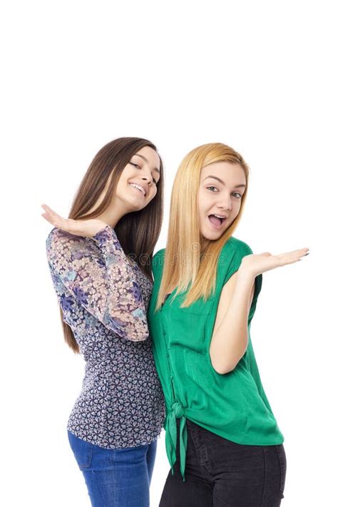 Two Smiling Attractive Teenage Girls Blond And Brunette Posing Stock Image Image Of