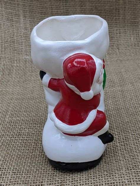 Santa Boot Planter White Ceramic Santa Boot With Santa Claus Etsy