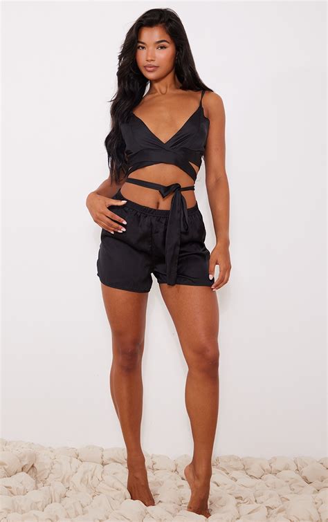 Black Satin Wrap Bralette Short Pj Set Lingerie Nightwear Plt