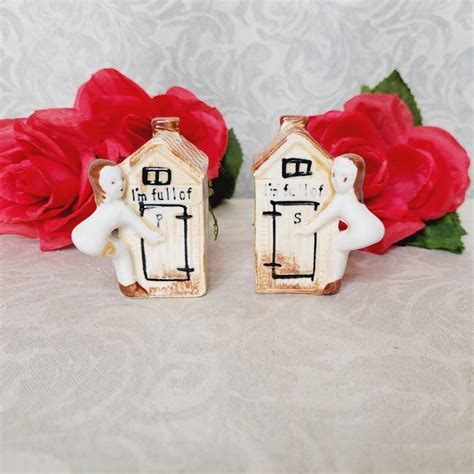 Vintage Risqu Porcelain Outhouse Nude Lady Ill Hold The Salt And Pepper Shakers Collectable