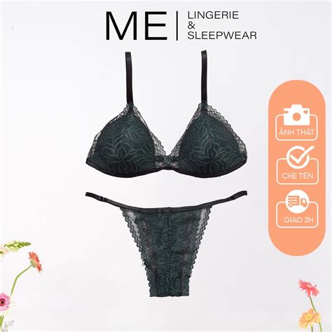 Bộ đồ lót nữ áo bra ren không gọng mút mỏng quần dây màu xanh rêu gợi cảm Me lingerie Sleep