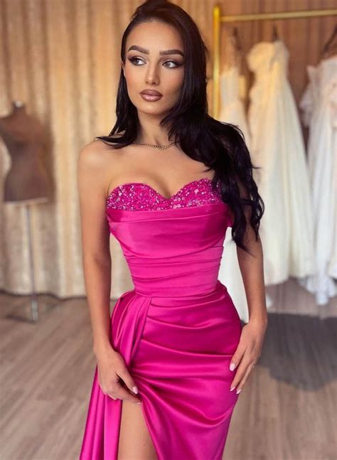 Hot Pink Sweetheart Beading Satin Evening Dresses Missacc