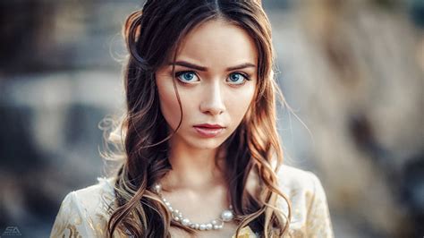 Portrait Women Blue Eyes Pearl Necklace Brunette Face Model Hd