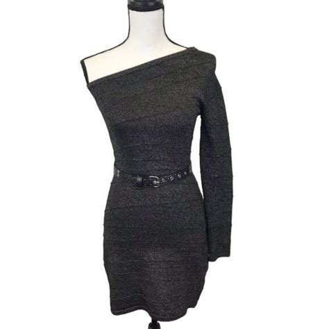 Forever 21 Dresses Forever 2 Womens Black Silver Shimmering One Shoulder Sweater Dress Size