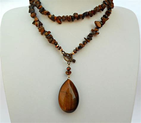 Tigers Eye Necklace Semi Precious Stone Jewelry Long Pendant Necklace