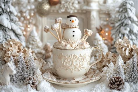 Festive Hot Cocoa With A Marshmallow Snowman And Winter Decorations In A Cozy Setting Stock