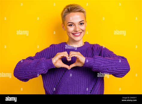 Photo Of Candid Cute Blonde Short Hair Woman Showing Fingers Love Symbol Enjoy Her Vacancy