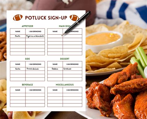 Football Potluck Sign up Sheet, Office Potluck Party Printable, Fall