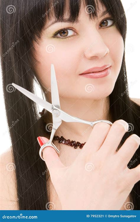 Lovely Brunette With Scissors Stock Image Image Of Curls Hairdresser 7952321