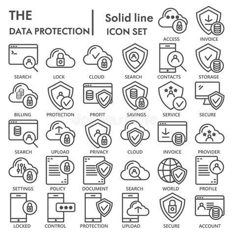 Data Protection Line Icon Set Computer Safety Symbols Collection